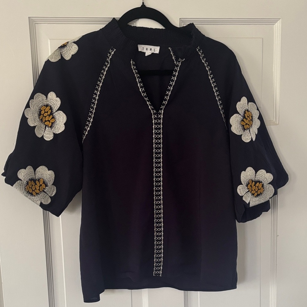 THML Navy Blouse with White and Yellow Floral Embroidery
